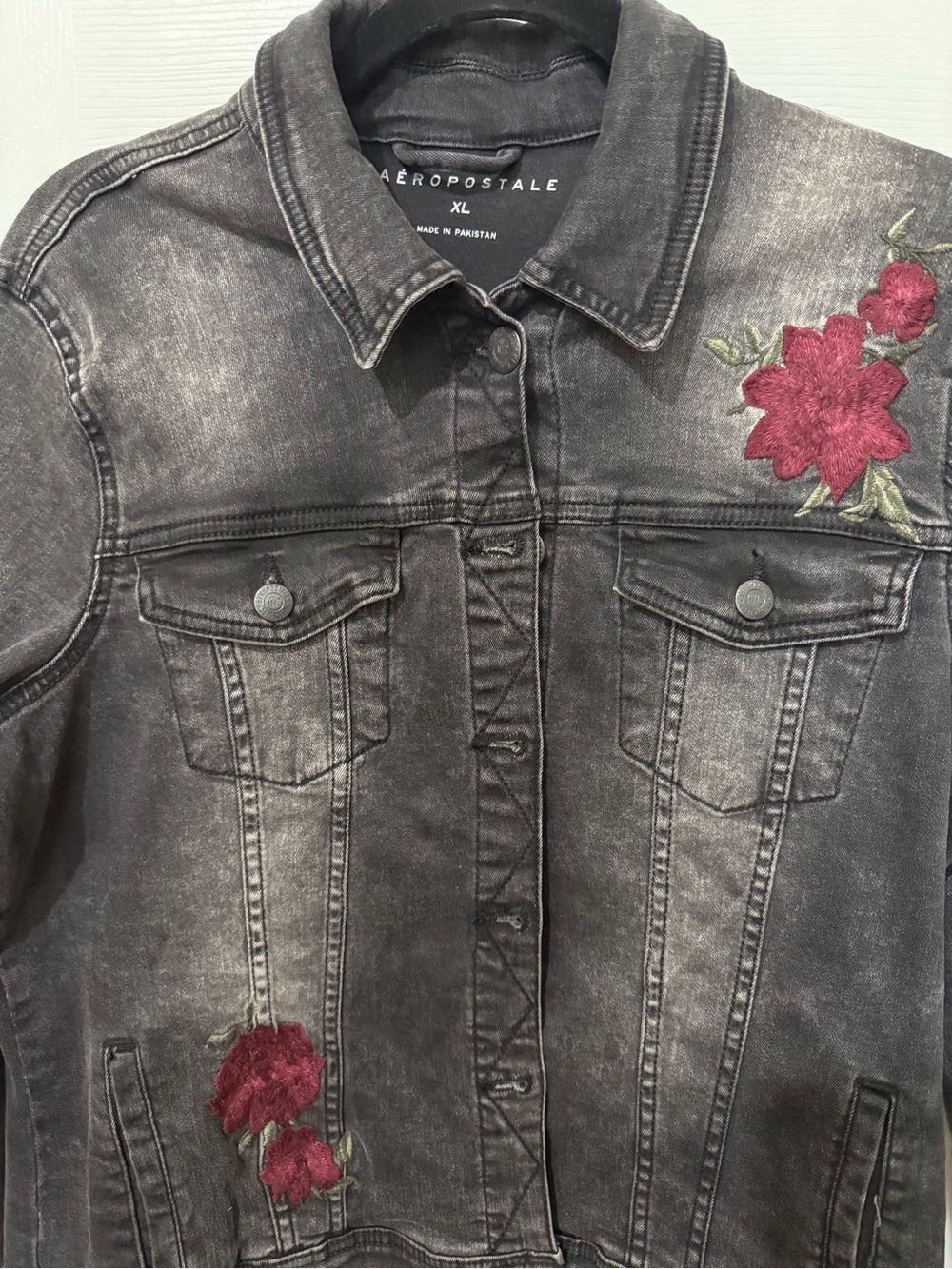 Aeropostale Black Washed Denim Jacket with Burgundy Rose Embroidery - Picture 3 of 3